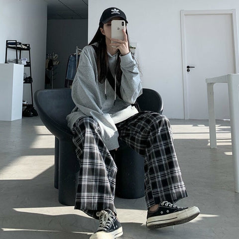Wide Leg Pants Womens Summer Fall Chic High Waist All-match Teens Streetwear Ins Trendy Harajuku Plaid Womens Trouser