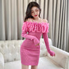Wild Solid 3D Flower Jacquard Sexy Full Slash Neck Knitted Dress Mini Wrap Hip Slim Off Shoulder Robe Elegant Lady Sweater Fall