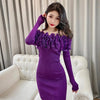 Wild Solid 3D Flower Jacquard Sexy Full Slash Neck Knitted Dress Mini Wrap Hip Slim Off Shoulder Robe Elegant Lady Sweater Fall