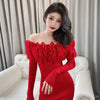Wild Solid 3D Flower Jacquard Sexy Full Slash Neck Knitted Dress Mini Wrap Hip Slim Off Shoulder Robe Elegant Lady Sweater Fall