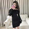 Wild Solid 3D Flower Jacquard Sexy Full Slash Neck Knitted Dress Mini Wrap Hip Slim Off Shoulder Robe Elegant Lady Sweater Fall