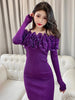 Wild Solid 3D Flower Jacquard Sexy Full Slash Neck Knitted Dress Mini Wrap Hip Slim Off Shoulder Robe Elegant Lady Sweater Fall
