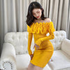 Wild Solid 3D Flower Jacquard Sexy Full Slash Neck Knitted Dress Mini Wrap Hip Slim Off Shoulder Robe Elegant Lady Sweater Fall