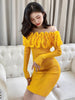 Wild Solid 3D Flower Jacquard Sexy Full Slash Neck Knitted Dress Mini Wrap Hip Slim Off Shoulder Robe Elegant Lady Sweater Fall