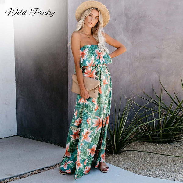 WildPinky 2023 Tropical Rainforest Printed Dress For Women Off Shoulder Split Sleeveless Summer Hoilday Beach Casual Sundress
