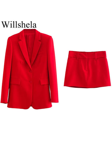 Willshela Women 2 Piece Set Solid Single Breasted Blazer & Vintage Front Zipper Mini Skirt Female Chic Lady Skirt Set