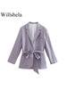 Willshela Women Solid Blazer With Belt Vintage Long Sleeves Double Breasted Notched Neck Female Chic Lady Outfits