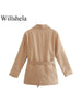 Willshela Women Solid Blazer With Belt Vintage Long Sleeves Double Breasted Notched Neck Female Chic Lady Outfits