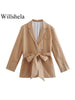 Willshela Women Solid Blazer With Belt Vintage Long Sleeves Double Breasted Notched Neck Female Chic Lady Outfits