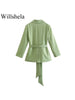 Willshela Women Solid Blazer With Belt Vintage Long Sleeves Double Breasted Notched Neck Female Chic Lady Outfits