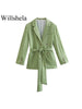Willshela Women Solid Blazer With Belt Vintage Long Sleeves Double Breasted Notched Neck Female Chic Lady Outfits