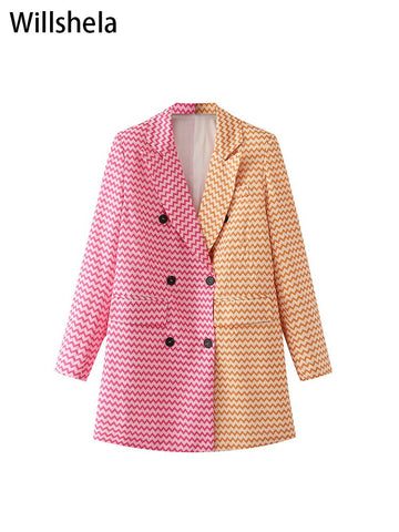 Willshela Women With Pockets Patchwork Double Breasted Blazer Vintage Long Sleeves Notched Neck Female Office Outfits