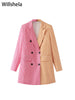 Willshela Women With Pockets Patchwork Double Breasted Blazer Vintage Long Sleeves Notched Neck Female Office Outfits