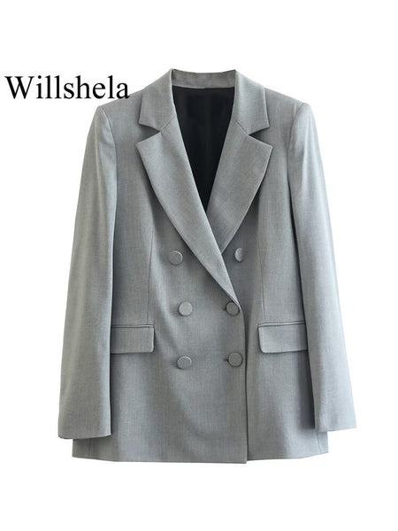 Willshela Women With Pockets Solid Double Breasted Blazer Vintage Long Sleeves Notched Neck Female Chic Lady Outfits