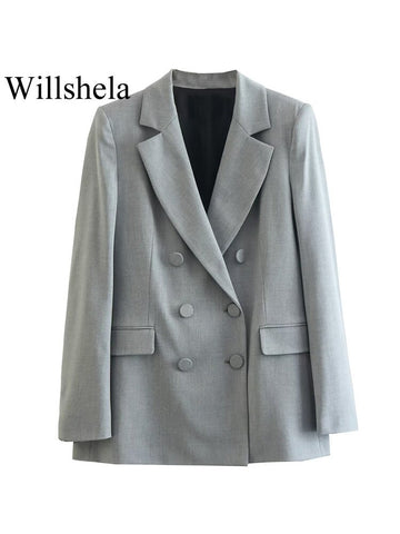 Willshela Women With Pockets Solid Double Breasted Blazer Vintage Long Sleeves Notched Neck Female Chic Lady Outfits