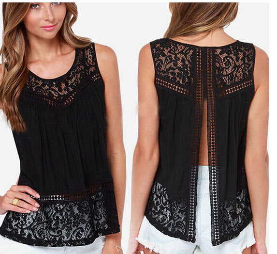 Plus Size S - 5XL Fashion Women Lace Tank Top Casual Sleeveless Hollow Out Back Open Tops Women Summer Style Tees