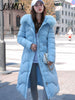 Winter 2023 White Down Cotton Jacket With Big Fur Collar Thickened Over The Knee Medium Length Drawstring Waist Loose Slimming