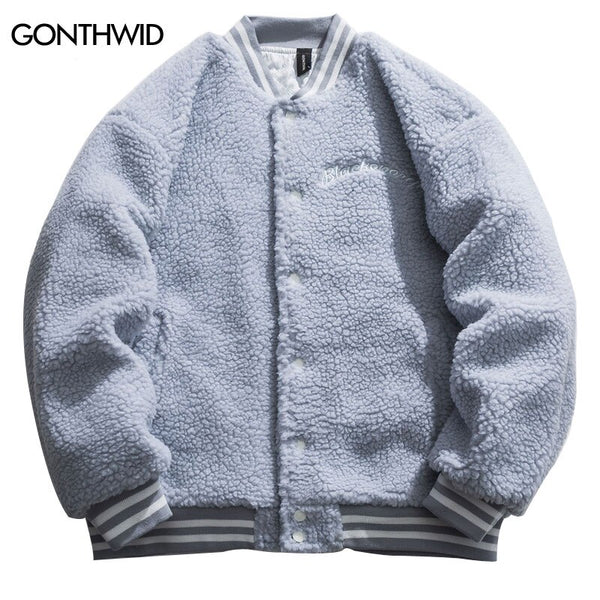 Winter Bomber Baseball Jacket Harajuku Fuzzy Fluffy Plush Lambswool Thick Warm Coats Streetwear Hip Hop Fleece Varsity Jackets