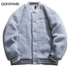 Winter Bomber Baseball Jacket Harajuku Fuzzy Fluffy Plush Lambswool Thick Warm Coats Streetwear Hip Hop Fleece Varsity Jackets
