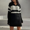 Winter Casual Stripe Pullover Women Quarter-Zipper Knitted Sweater Dress Female Loose Long Sleeve Jumpers Vintage Long Knitwear