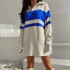 Winter Casual Stripe Pullover Women Quarter-Zipper Knitted Sweater Dress Female Loose Long Sleeve Jumpers Vintage Long Knitwear