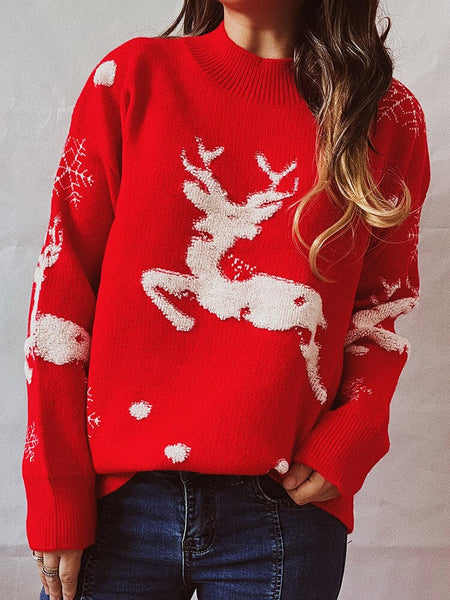 Winter Christmas Pullover Women Vintage Deer Knitted Sweater Casual Loose Long Sleeve Knitwear Female Elegant O-Neck Warm Jumper