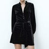 Winter Dot Velvet Vintage Dress Women Single Breasted Dress Female Elegant Long Sleeve Mini Party Dress With Belt Robes