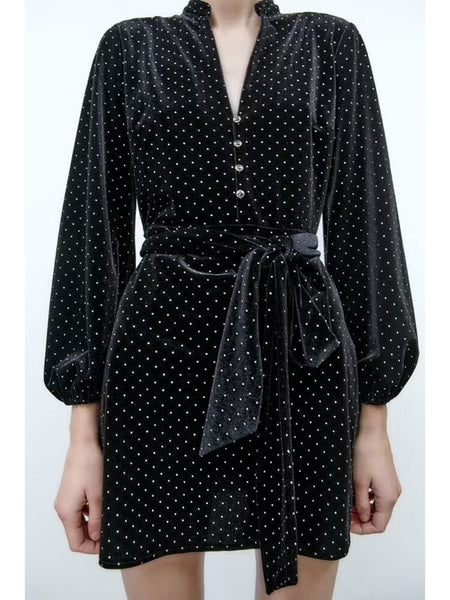 Winter Dot Velvet Vintage Dress Women Single Breasted Dress Female Elegant Long Sleeve Mini Party Dress With Belt Robes