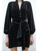 Winter Dot Velvet Vintage Dress Women Single Breasted Dress Female Elegant Long Sleeve Mini Party Dress With Belt Robes