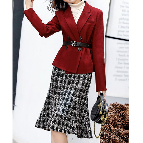 Winter Doulble Breasted Wool Blazer Women Casual Office Lady Professional Temperament and Houndstooth Midi Mermaid Skirt Suit