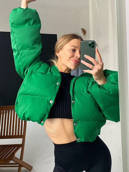 Winter Down Jacket For Women Hooded Button-up Padded Jacket Casual Solid Down Coat Korean Green Outerwear With Pocket