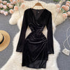 Winter Dress Women Vintage Velvet Party Dress Vestidos Sexy V-neck Long Sleeve High Waist Draped Irregular Midi Bodycon Dresses