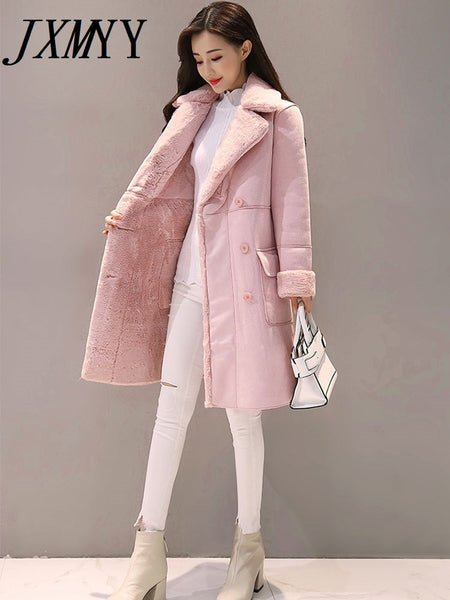 Winter Mid-Length Lamb Fur Coat Women's Fleece-Lined Thickened Cotton-Padded Coat Large Fur Collar Slim Coat Fashion