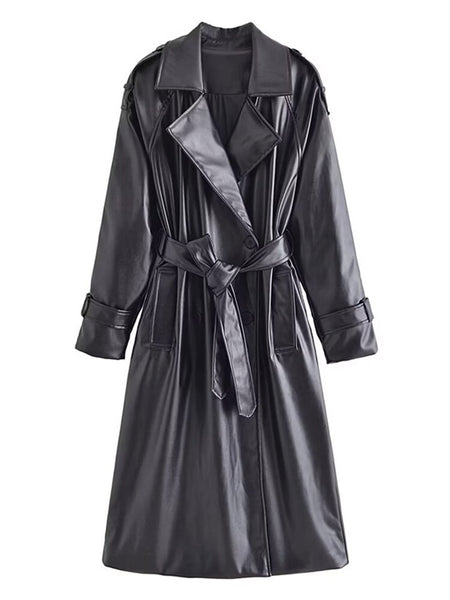 Winter Faux Leather Jacket Women Vintage Belted Long Coat Casual Lapel OuterwearLong Sleeve Slim Jacket Solid Streetwear