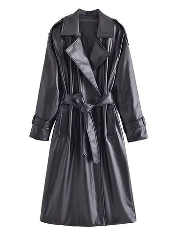 Winter Faux Leather Jacket Women Vintage Belted Long Coat Casual Lapel OuterwearLong Sleeve Slim Jacket Solid Streetwear