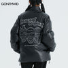 Winter Faux Leather Parkas Jackets Streetwear Hip Hop Embroidery Skull Skeleton Thicken Warm Bubble Padded Coats Casual Jackets