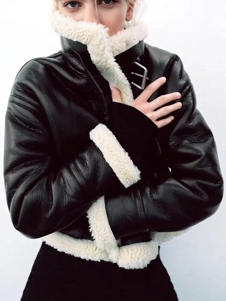 Winter Fleece Leather Jacket Women Faux Fur Jacket Streetwear Thick Warm Locomotive Coat Lamb Double-side Moto Outerwear