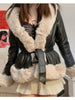 Winter Furry Coat Women Patchwork Trim Leather Jacket Casual Plush Collar Warm Cardigan Loose Belted Thick Outerwear