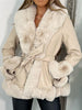 Winter Furry Coat Women Patchwork Trim Leather Jacket Casual Plush Collar Warm Cardigan Loose Belted Thick Outerwear