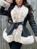 Winter Furry Coat Women Patchwork Trim Leather Jacket Casual Plush Collar Warm Cardigan Loose Belted Thick Outerwear