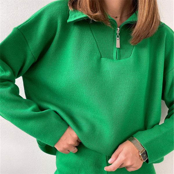 Winter Green Knit Pullover Sweater Women Zip Turn Down Collar Knitwear Casual Loose Solid Jumpers Long Sleeve Pull