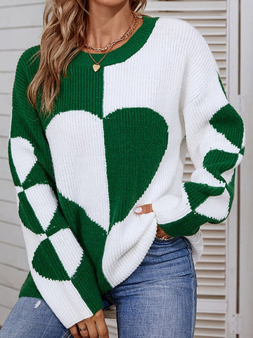 Winter Heart Pattern Pullover Women Casual Loose Knitted Sweater Elegant Long Sleeve Knitwear Female Thicken Warm Jumper