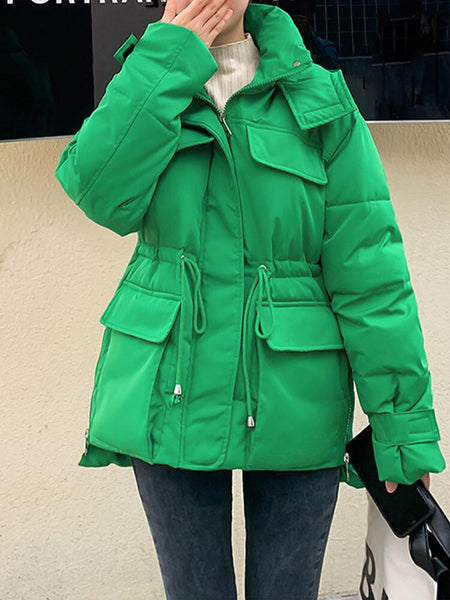 Winter Hooded Down Coat Korean Drawstring Padded Jacket Thicken Casual Zipper Women Jacket Loose Outerwear With Pockets