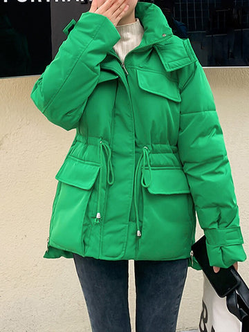 Winter Hooded Down Coat Korean Drawstring Padded Jacket Thicken Casual Zipper Women Jacket Loose Outerwear With Pockets