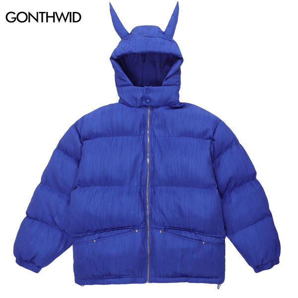 Winter Hooded Jacket Parkas Streetwear Solid Color Devil Horns Thicken Warm Bubble Padded Coats Harajuku Puffer Outwear