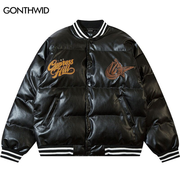 Winter Jacket Men Leather Parkas Thicken Warm Coat Harajuku Embroidery Puffer Padded Bomber Coats Streetwear Bubble Puffer Coats