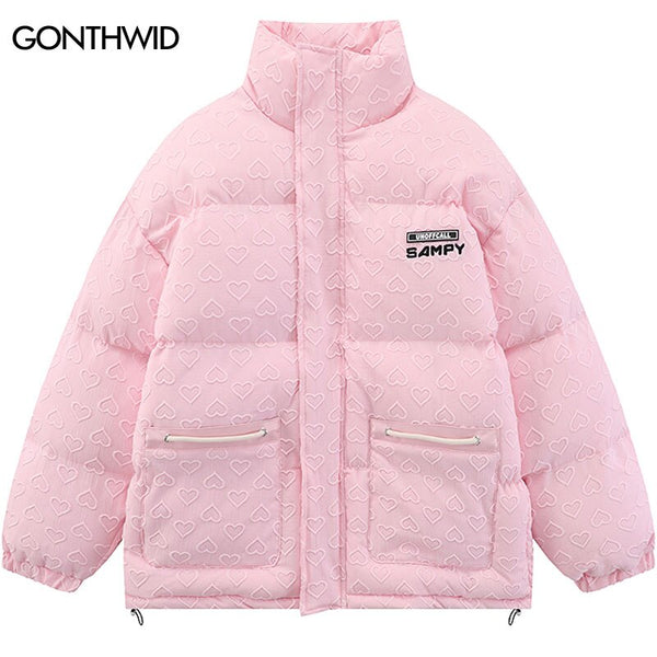 Winter Jacket Men Parkas Streetwear Harajuku Heart Print Pockets Thicken Warm Coats Hip Hop Padded Bubble Jackets Coats