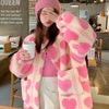 Winter Japanese Coats Korean Kawaii Lambswool Coats Pink Heart Women Faux Fur Teddy Jackets Outerwear Female Overcoat