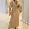 Winter Knitted Bodycon Dress Women Elegant Pleated A-line Dress Ribbed Long Sleeve Long Dress Female V-neck Knitwear Dress Robe