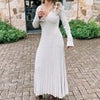 Winter Knitted Bodycon Dress Women Elegant Pleated A-line Dress Ribbed Long Sleeve Long Dress Female V-neck Knitwear Dress Robe